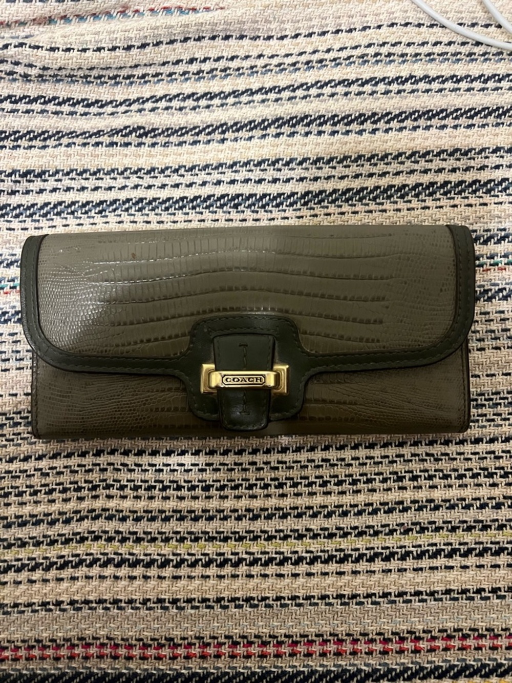 COACH Olive Green Textured Leather Wallet with Gold-Tone Accent